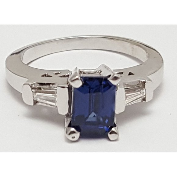 Unique 14K Solid White Gold Designer Sapphire & Baguette Diamond Ring - Size 5.5 - Picture 5 of 16